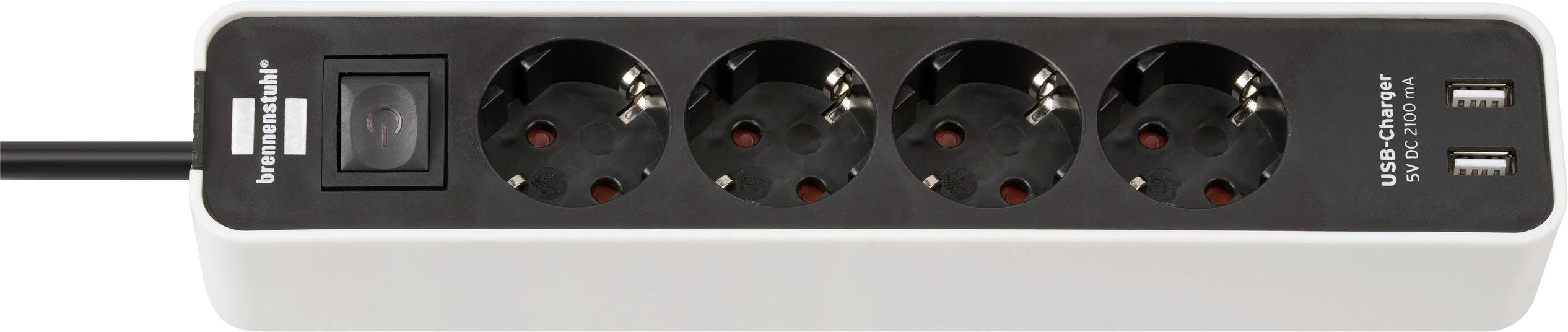 Ciabatta con cinque prese europee, un interruttore di accensione e due porte di ricarica USB sul lato destro.
