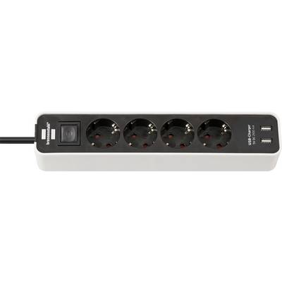 Ciabatta con cinque prese europee, un interruttore di accensione e due porte di ricarica USB sul lato destro.