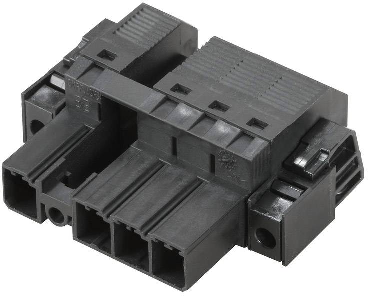Connettore elettrico nero, rettangolare, con tre prese e due clip laterali, utilizzato per il collegamento sicuro di cavi elettrici.