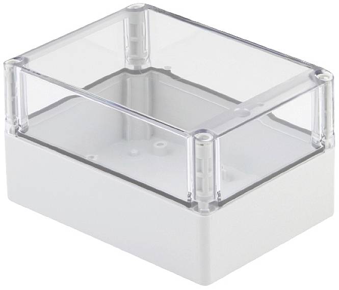 Scatola trasparente rettangolare in plastica con coperchio removibile, adatta alla protezione di componenti elettronici.