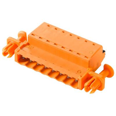 Connettore in plastica arancione con più slot e morsetti laterali. Utilizzato per connessioni elettriche in dispositivi.