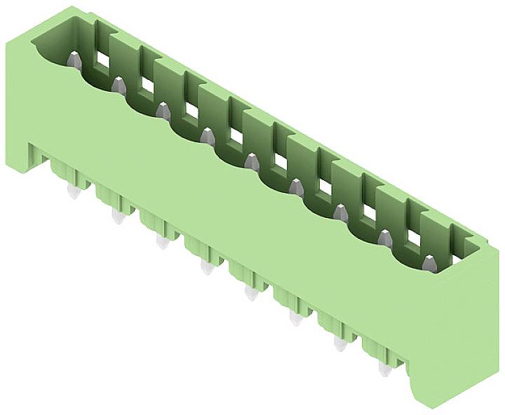 Un connettore elettronico verde con più pin, idoneo per collegare fili o schede elettroniche.