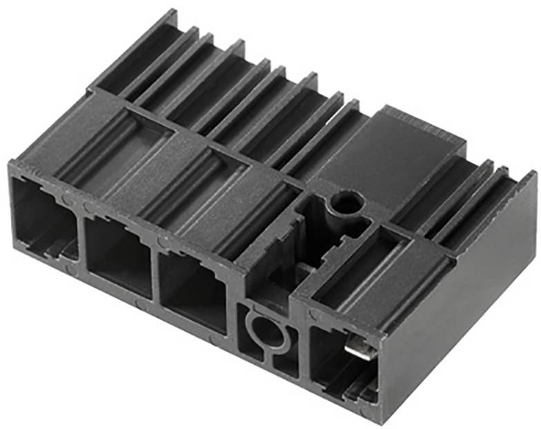 Un componente rettangolare nero in plastica con nervature verticali e diverse aperture rettangolari, presumibilmente un elemento elettrico.