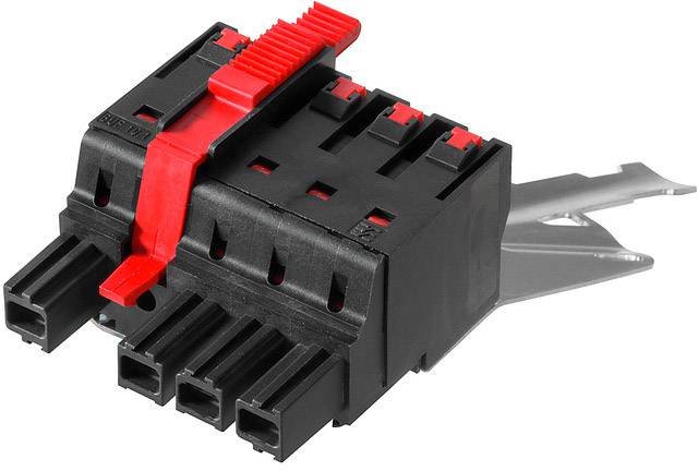 Connettore nero con leva rossa, adatto a quattro pin, su sfondo bianco.
