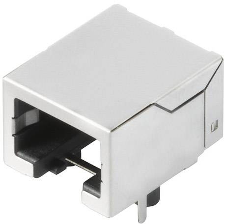 Un connettore RJ45 argentato per la connessione di rete, con forma rettangolare e porta aperta sul lato frontale.