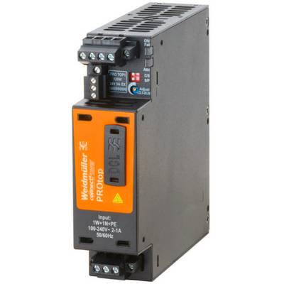 Alimentatore Weidmüller PROtop, 24V DC, design industriale, custodia nera con etichetta frontale arancione, connessioni laterali.