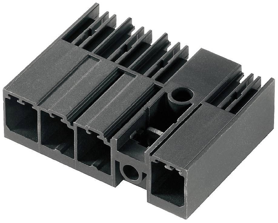 Custodia per connettore in plastica nera con multiple aperture rettangolari, idonea ad accogliere contatti elettrici.