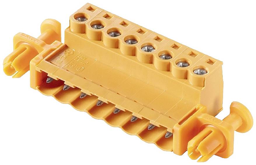 Connettore arancione, rettangolare, con più morsetti e connessioni a vite, idoneo per applicazioni elettriche.