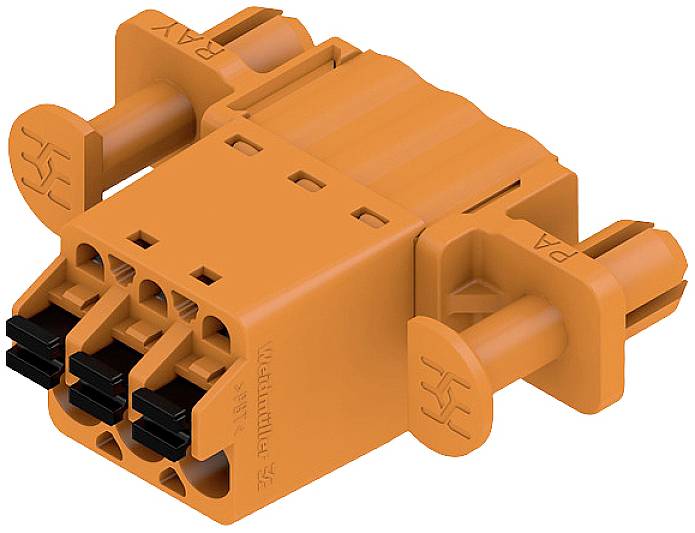 Un connettore elettrico arancione con più porte, utilizzato per applicazioni industriali.