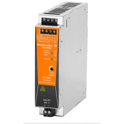 Un dispositivo convertitore DC/DC argentato con pannello frontale arancione. Iscrizione: 'Weidmüller', tensione di uscita 24V/5A, regolabile tra 23-28V.
