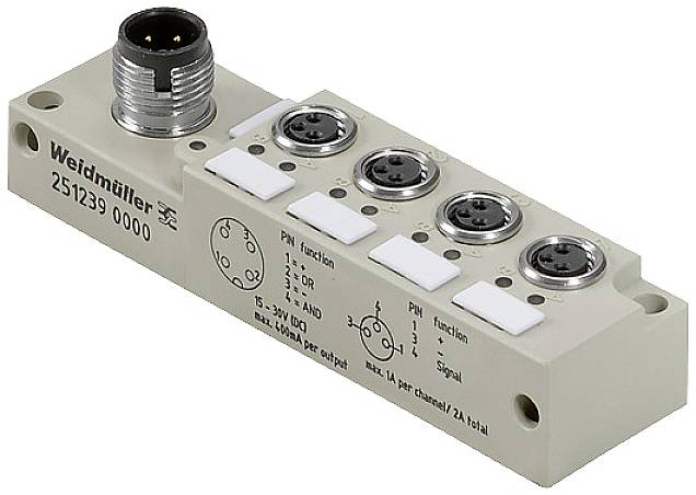 Distributore compatto Weidmüller con quattro connessioni e un collegamento a innesto, contrassegnato con funzione e numeri di pin.