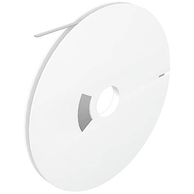 Grande bobina bianca in plastica con un nastro che sporge leggermente. Serve per conservare e utilizzare materiali lunghi e stretti.