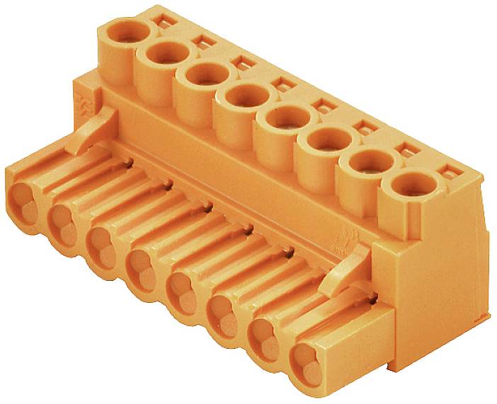 'Connettore arancione, multipolare, con otto contatti, utilizzato per connessioni elettriche.'