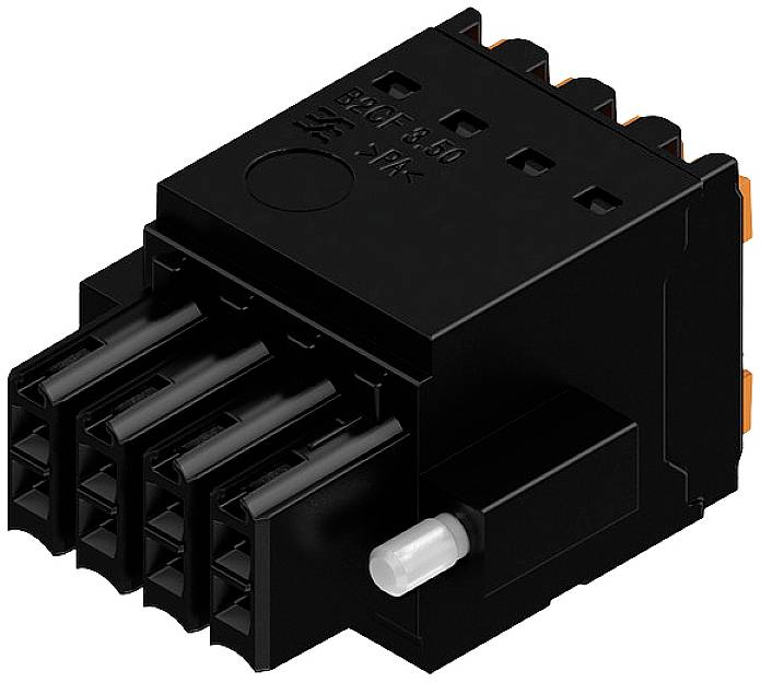 Un connettore nero, rettangolare, con più porte e un piccolo componente bianco sporgente.