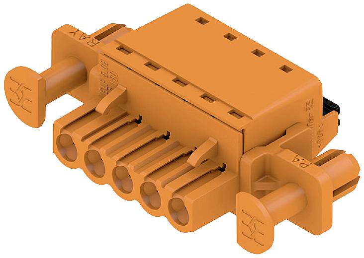 Un connettore elettrico arancione con cinque punti di connessione, idoneo per applicazioni industriali.