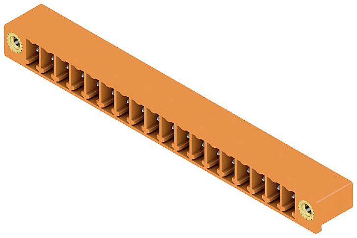 Un lungo blocco di plastica arancione con diverse aperture quadrate e due parti metalliche rotonde alle estremità.