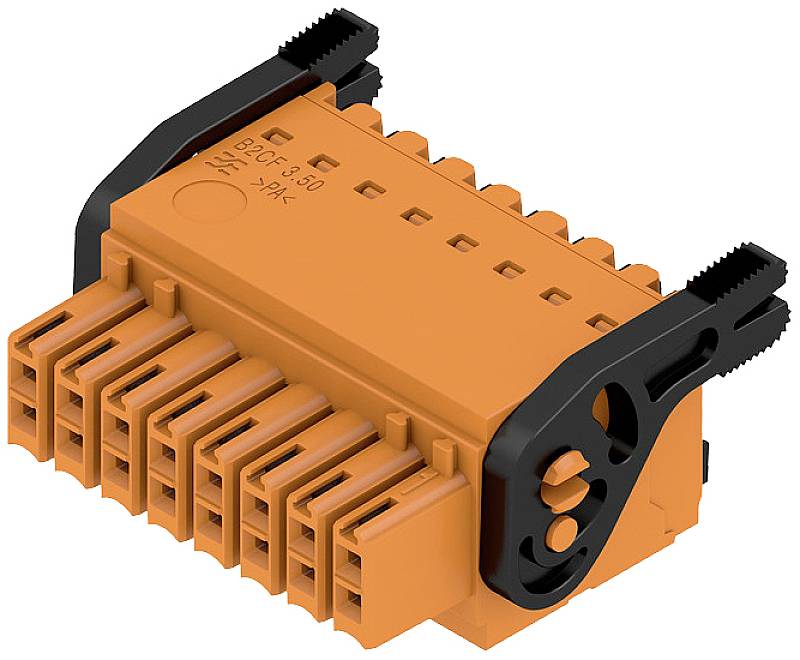 Un connettore elettrico arancione con più porte e un meccanismo di bloccaggio nero, vista laterale.