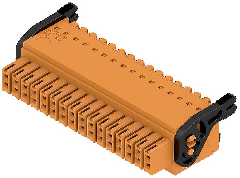 Un connettore arancione con due terminali neri, idoneo per connessioni elettriche e montaggio su guide DIN.