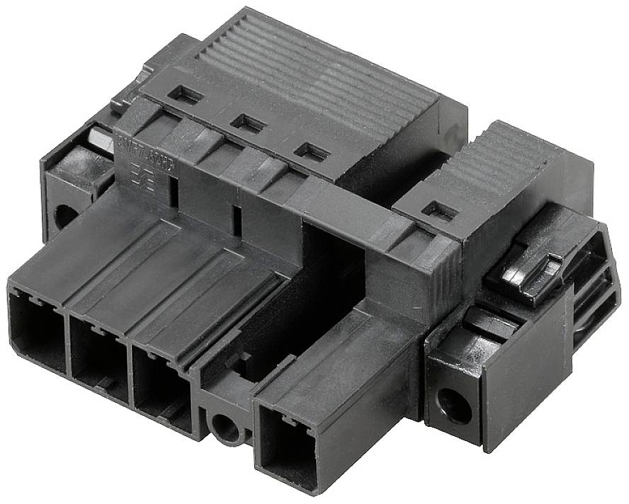 Connettore nero, rettangolare in plastica con più ingressi e scanalature sui lati. Utilizzato per connessioni elettriche.