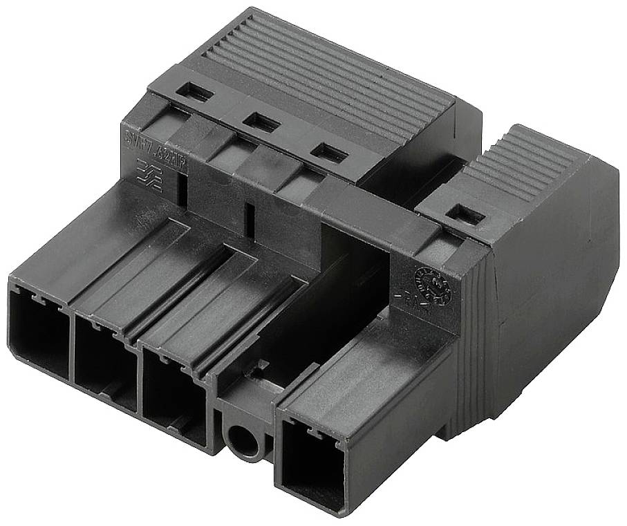 Connettore nero in plastica con quattro prese rettangolari e superficie scanalata, utilizzato per connessioni elettroniche.