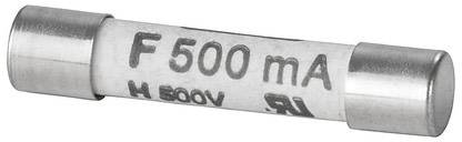Fusibile con scritta 'F 500 mA H 500V', forma cilindrica, estremità argentate, per la protezione elettrica di dispositivi.