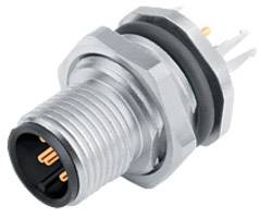 Connettore cilindrico argentato con parte frontale nera e diversi punti di connessione dorati sulla vista laterale.