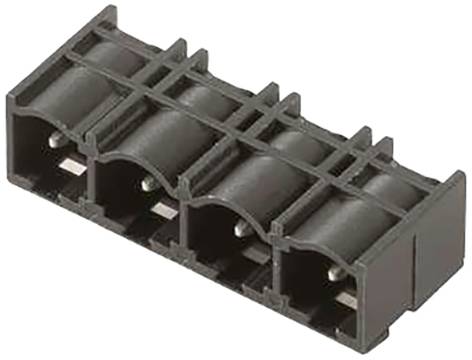 Custodia nera, rettangolare per connettore elettrico con quattro slot paralleli per il montaggio su scheda elettronica.