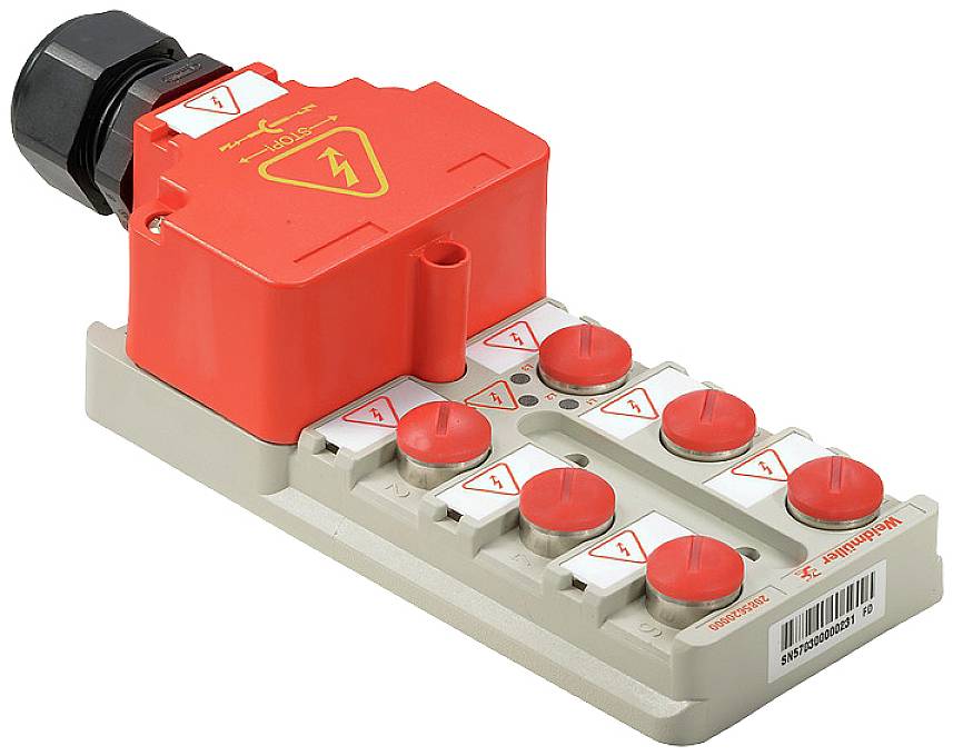 Un lucchetto elettrico rosso con otto pulsanti rotondi rossi e simboli di avvertenza. È utilizzato per la sicurezza e il controllo dei dispositivi.