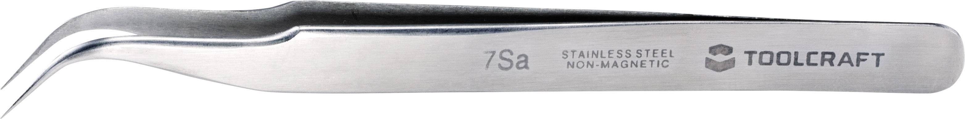 Una pinzetta curva in acciaio inossidabile non magnetico del marchio Toolcraft, modello 7Sa, raffigurata di lato.