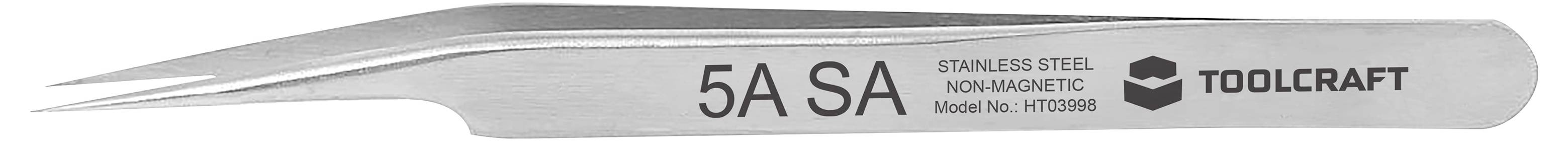 Primo piano della punta di un cacciavite Toolcraft 5A SA in acciaio inossidabile etichettata "ACCIAIO INOSSIDABILE NON MAGNETICO" e numero di modello HT0398.