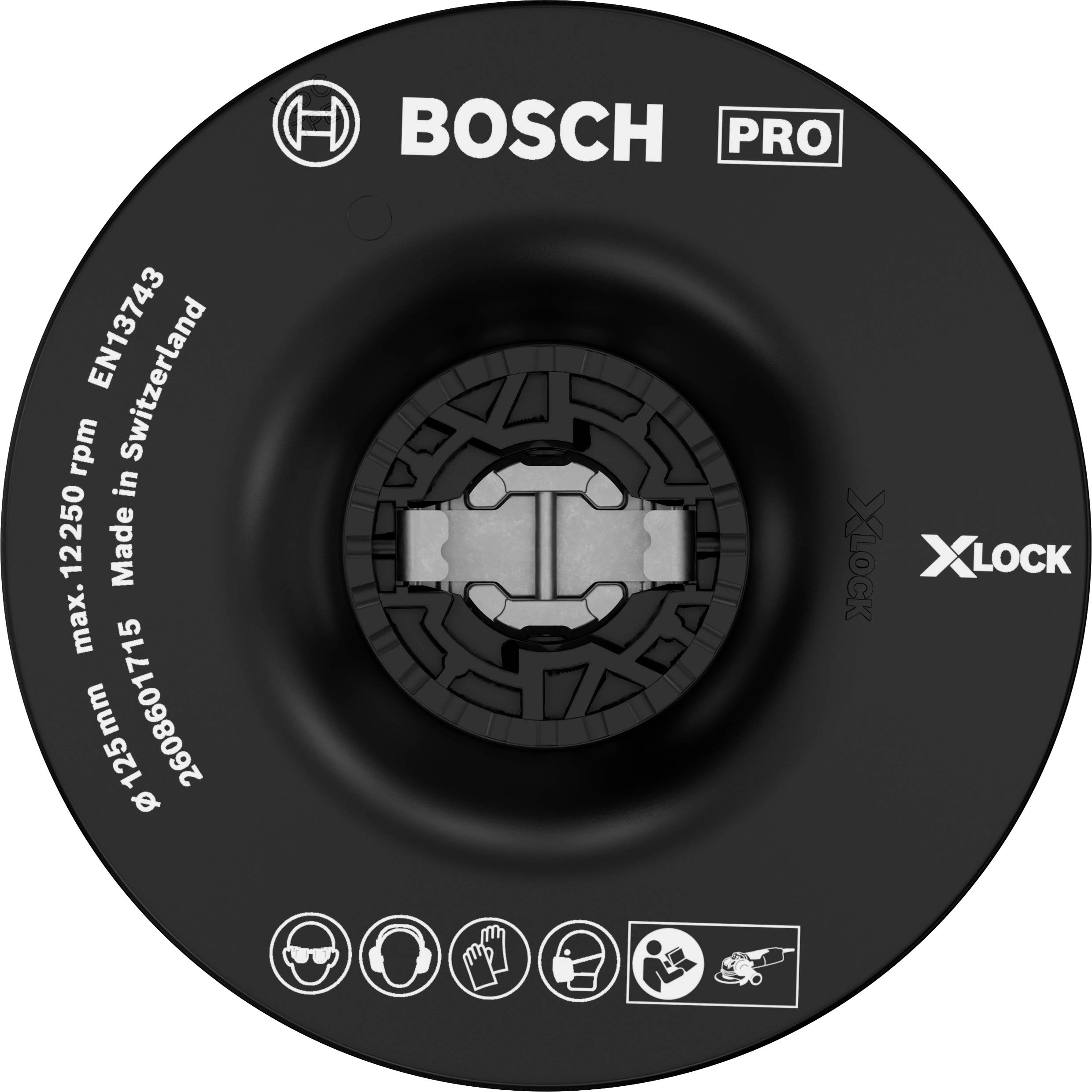 Un disco abrasivo nero Bosch con sistema 'X-LOCK', diametro 125 mm, idoneo per un massimo di 12.250 giri/min, fabbricato in Svizzera.
