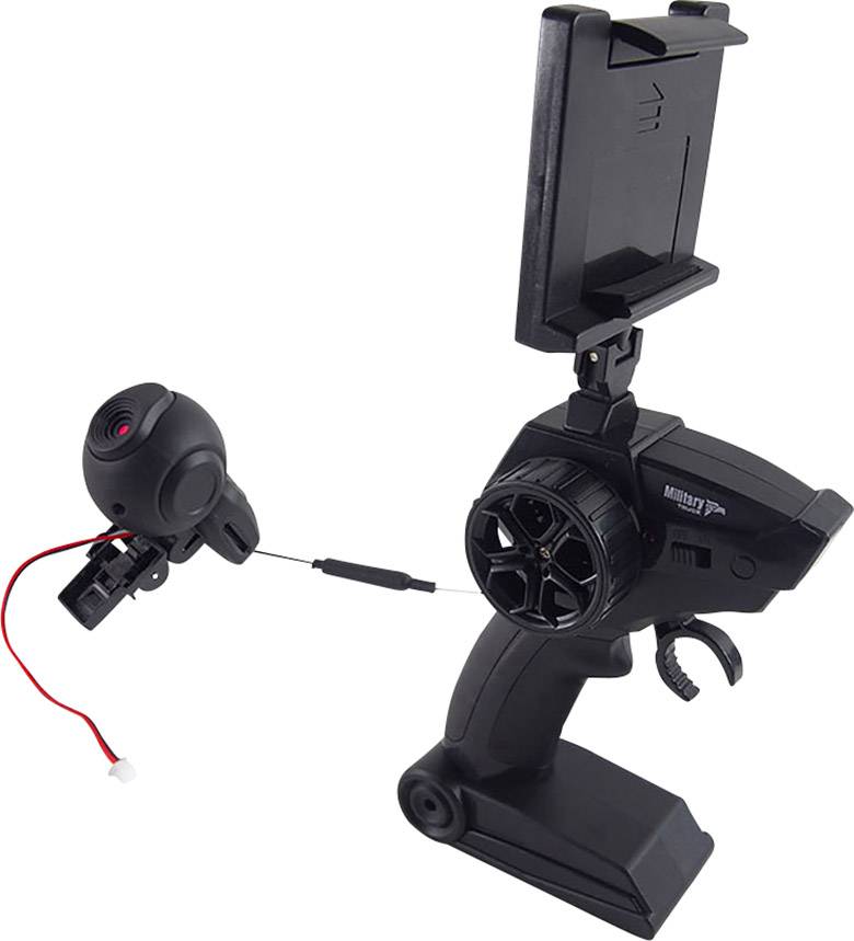 Telecomando palmare con supporto per smartphone e telecamera collegata per veicoli radiocomandati.
