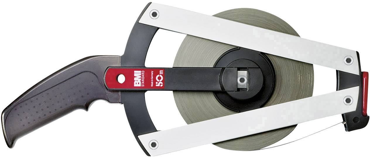 Nastro metrico con impugnatura ergonomica e indicatore di misura, idoneo per misurazioni precise fino a 50 metri.