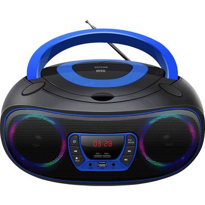 Una radio portatile CD in nero e blu con display digitale dell'ora '03:28', altoparlanti e pulsanti di controllo illuminati a LED.