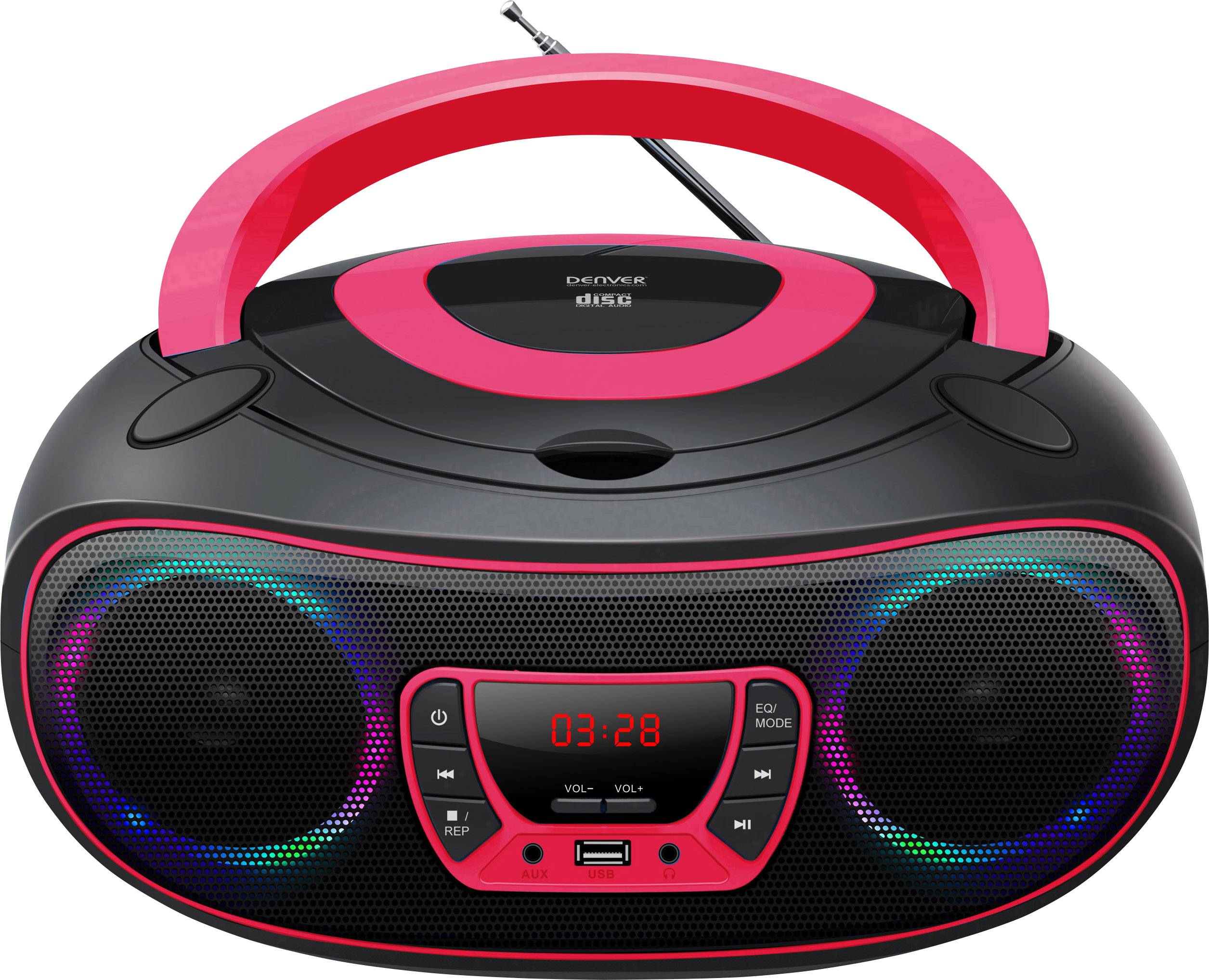 Lettore CD portatile in nero e rosso con radio integrato, porta USB e luci LED intorno agli altoparlanti.