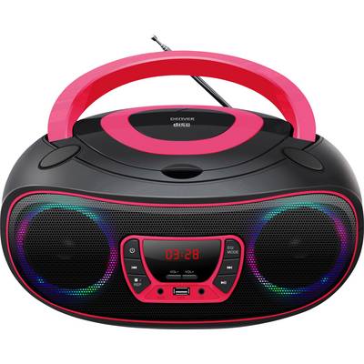 Lettore CD portatile in nero e rosso con radio integrato, porta USB e luci LED intorno agli altoparlanti.
