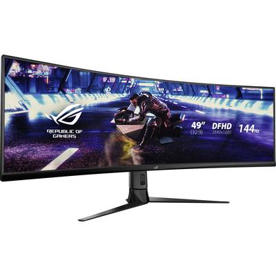 Monitor da gaming ultrawide di Republic of Gamers, 49 pollici, risoluzione DFHD (3840x1080), 144 Hz, con un videogioco di corse futuristico sullo schermo.