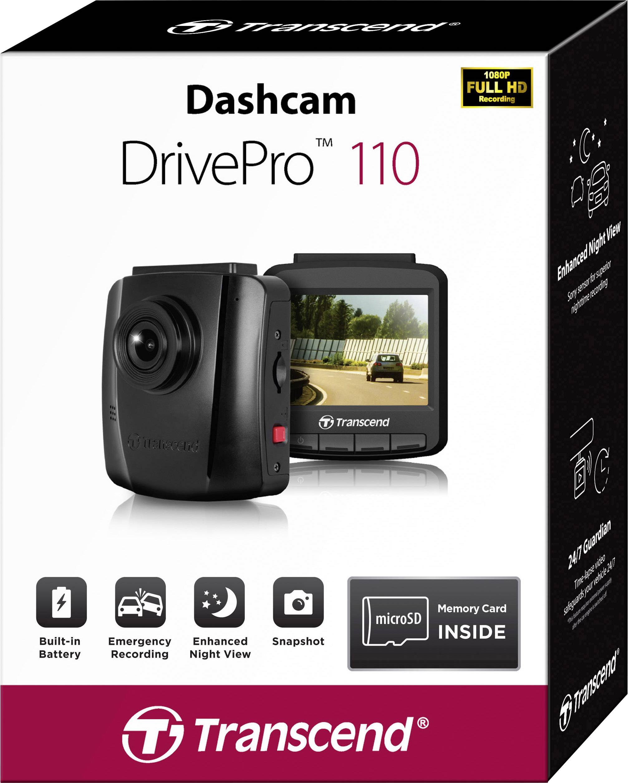 Confezione della dashcam Transcend DrivePro 110 con immagine della telecamera e dello schermo. Funzioni: batteria integrata, registrazione di emergenza, visione notturna.