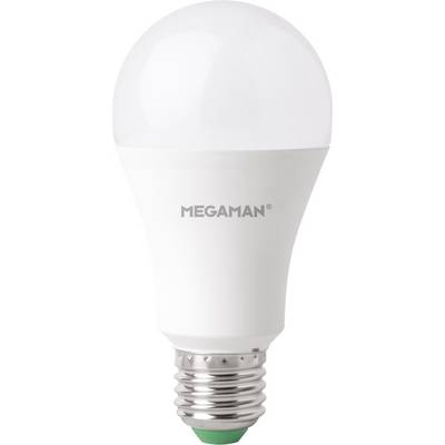 Una lampadina LED bianca con la scritta 'MEGAMAN', attacco E27, a risparmio energetico.