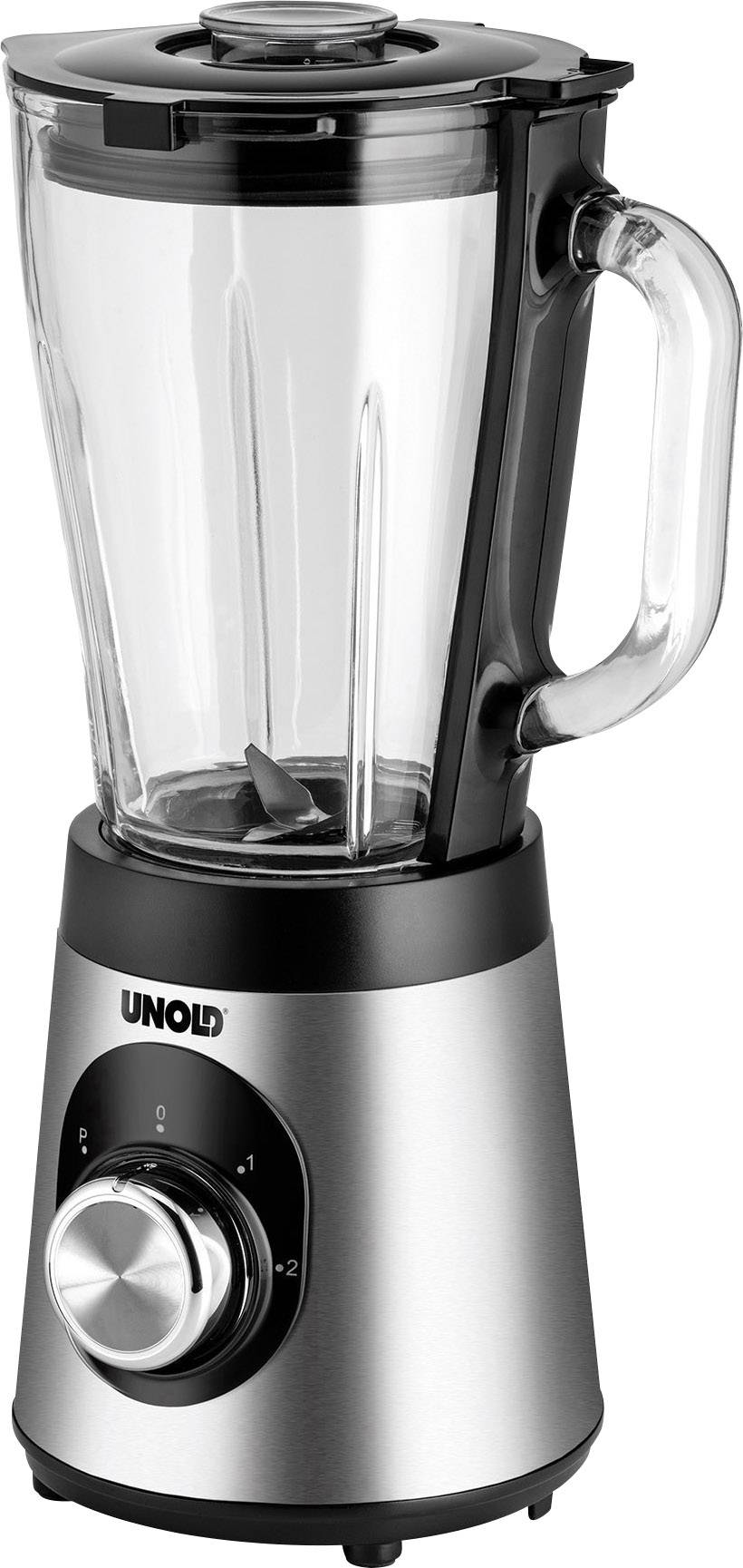 Un frullatore elettrico da banco con struttura in acciaio inox e brocca in vetro, con manopola per la regolazione delle velocità, marca 'Unold'.