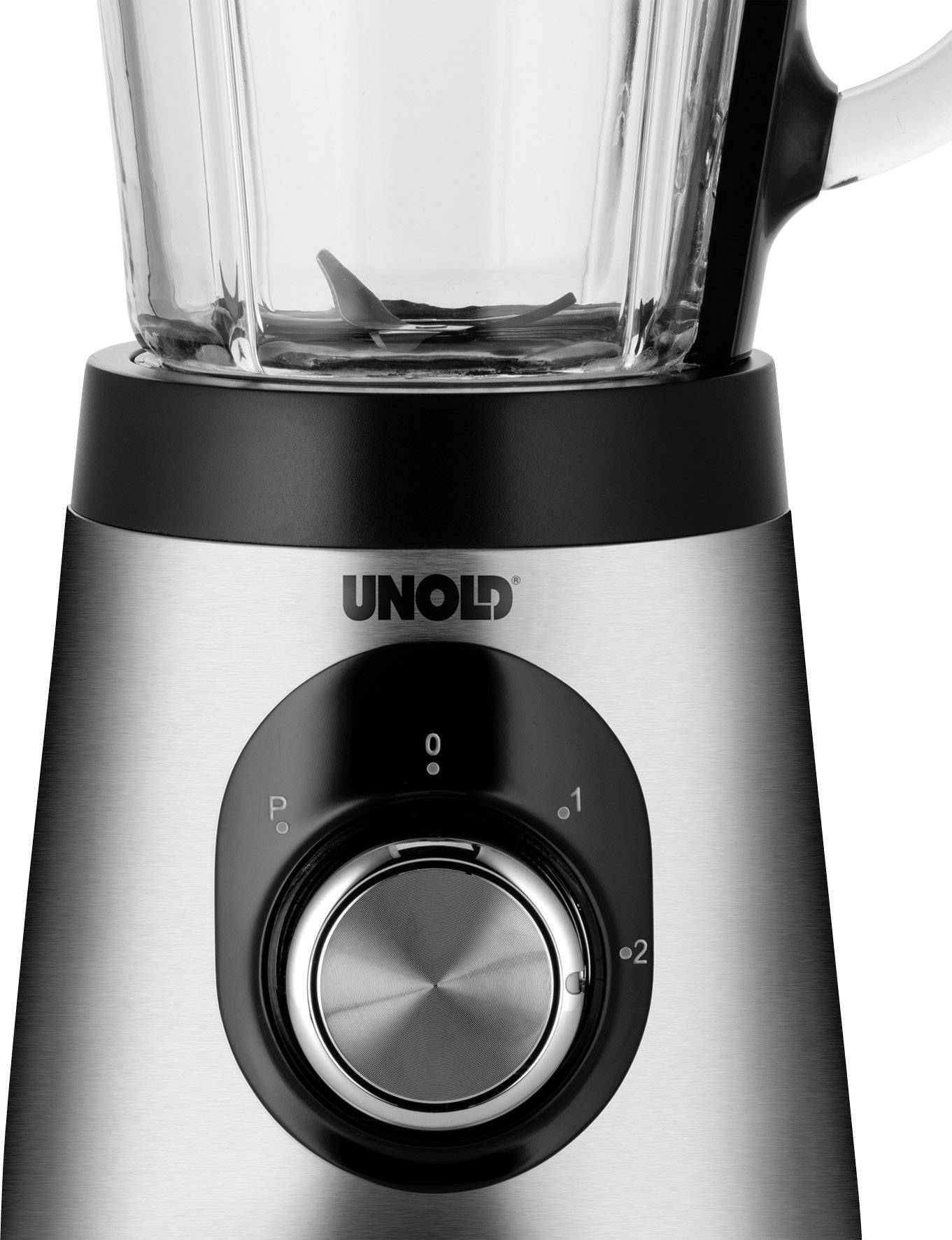 Un mixer argentato con brocca in vetro e manopola nera per livelli da 0 a 2, marca 'UNOLD'. Ideale per miscelare gli ingredienti.