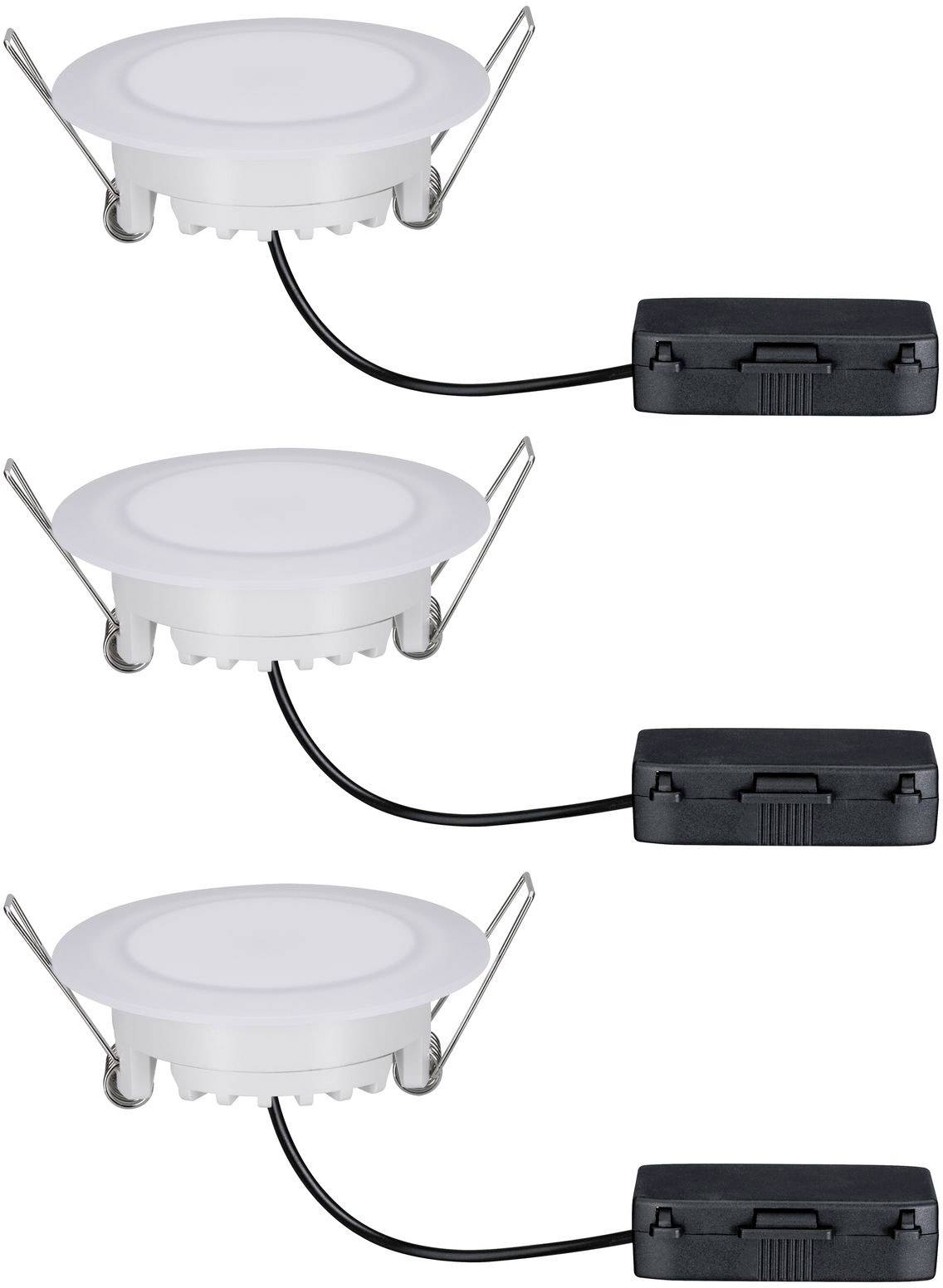 Tre faretti da incasso bianchi con alimentatori neri, disposti simmetricamente, mostrano un design moderno per un'illuminazione efficiente.