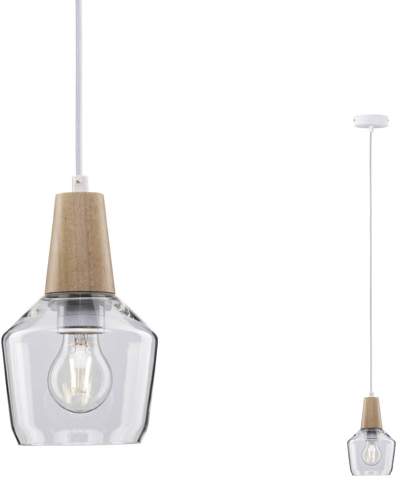 Lampada a sospensione con corpo in vetro ed elemento in legno. Una lampadina è visibile. Design moderno, ideale per arredamenti minimal.