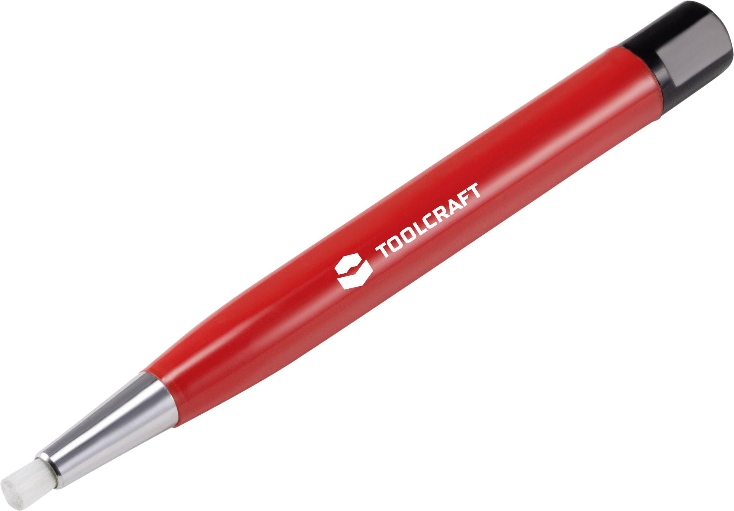 Penna rossa con punta d'argento e estremità nera, con scritto 'TOOLCRAFT'.