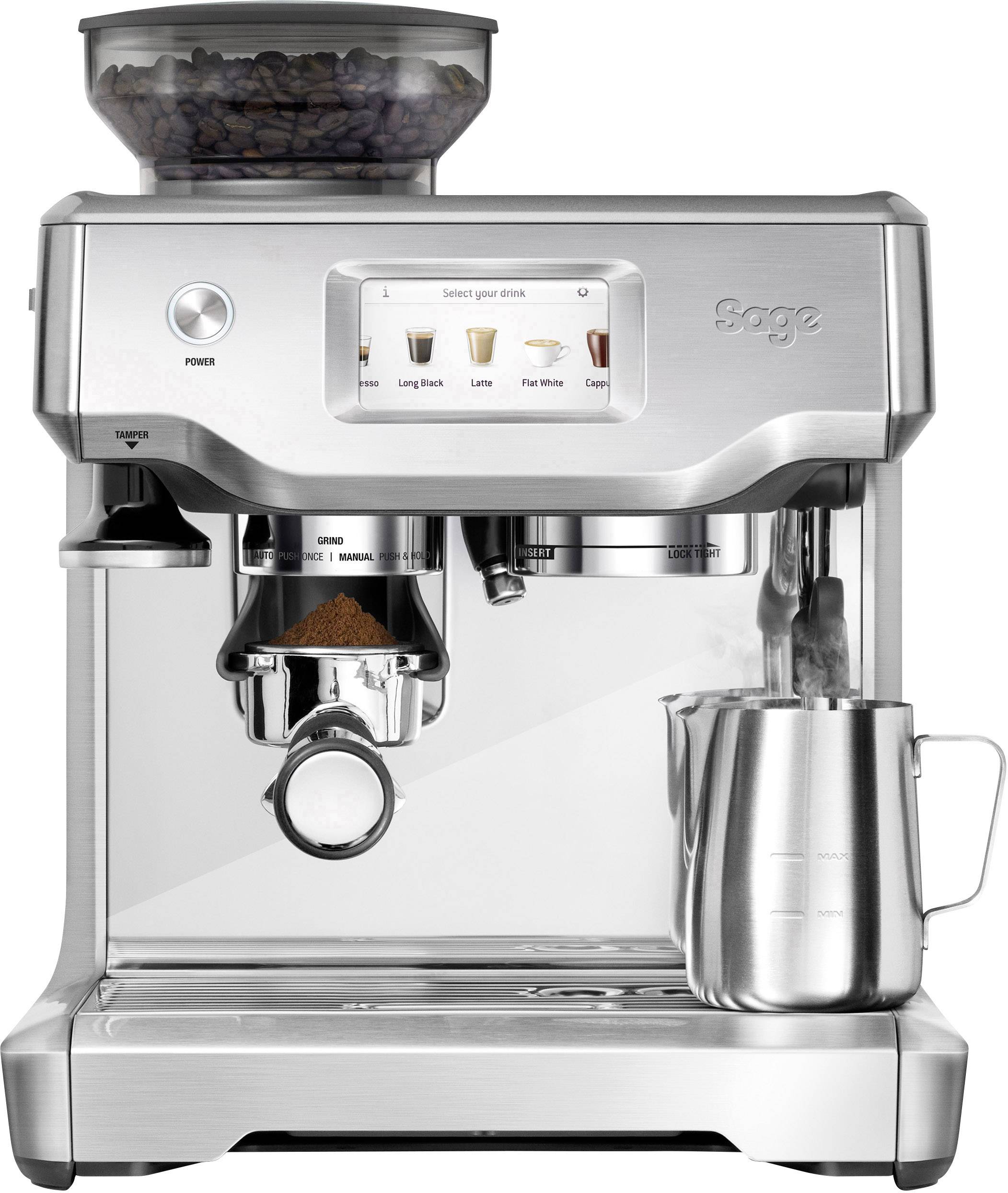 Macchina per espresso in acciaio inox con display che mostra varie specialità di caffè. Contenitore per chicchi in alto, scaldatazze e schiumatore per latte a destra.