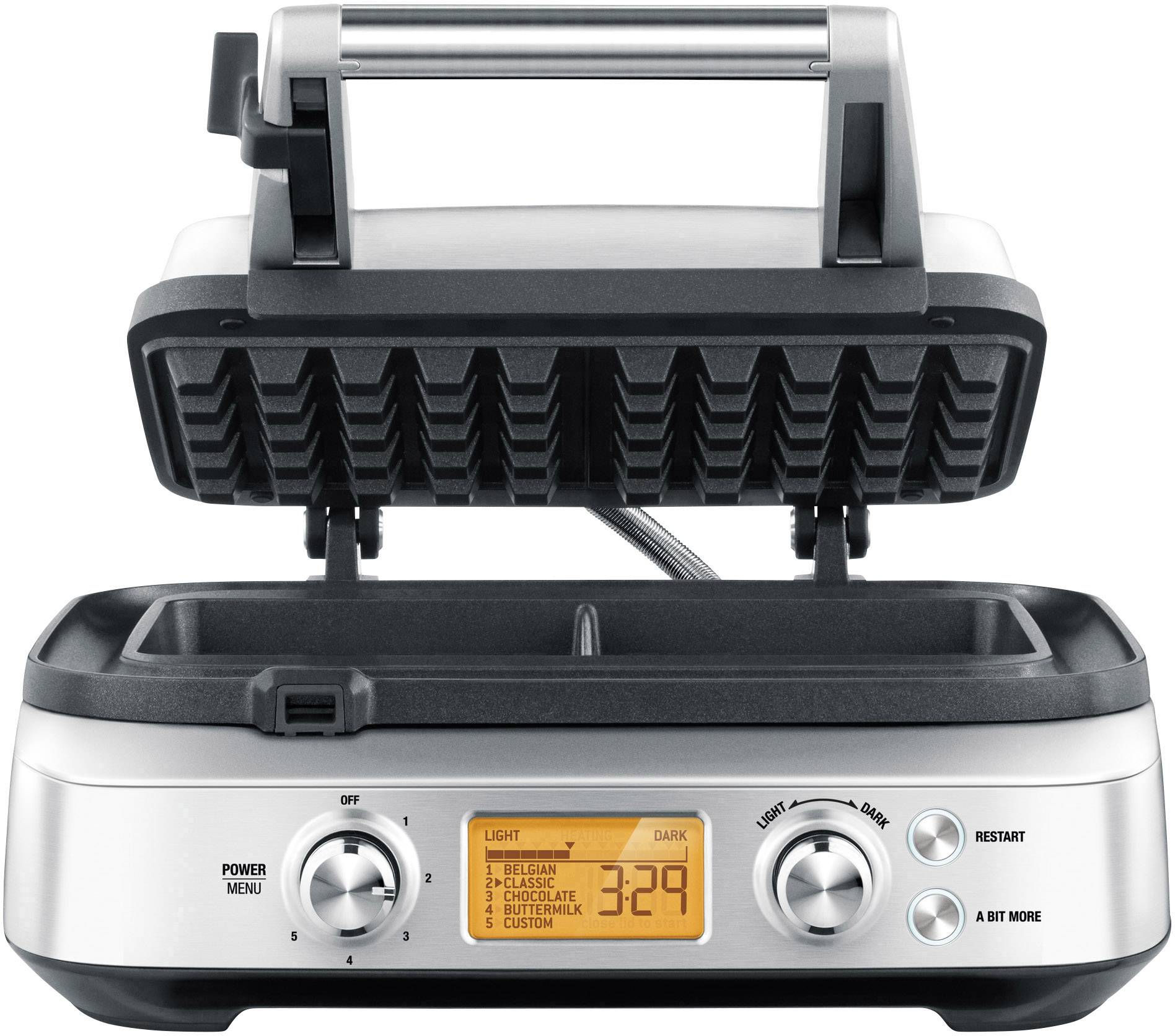 Piastra per waffle in acciaio inox con coperchio aperto, display digitale e manopole di regolazione. Mostra il timer; impostabile in due diverse dimensioni di waffle.