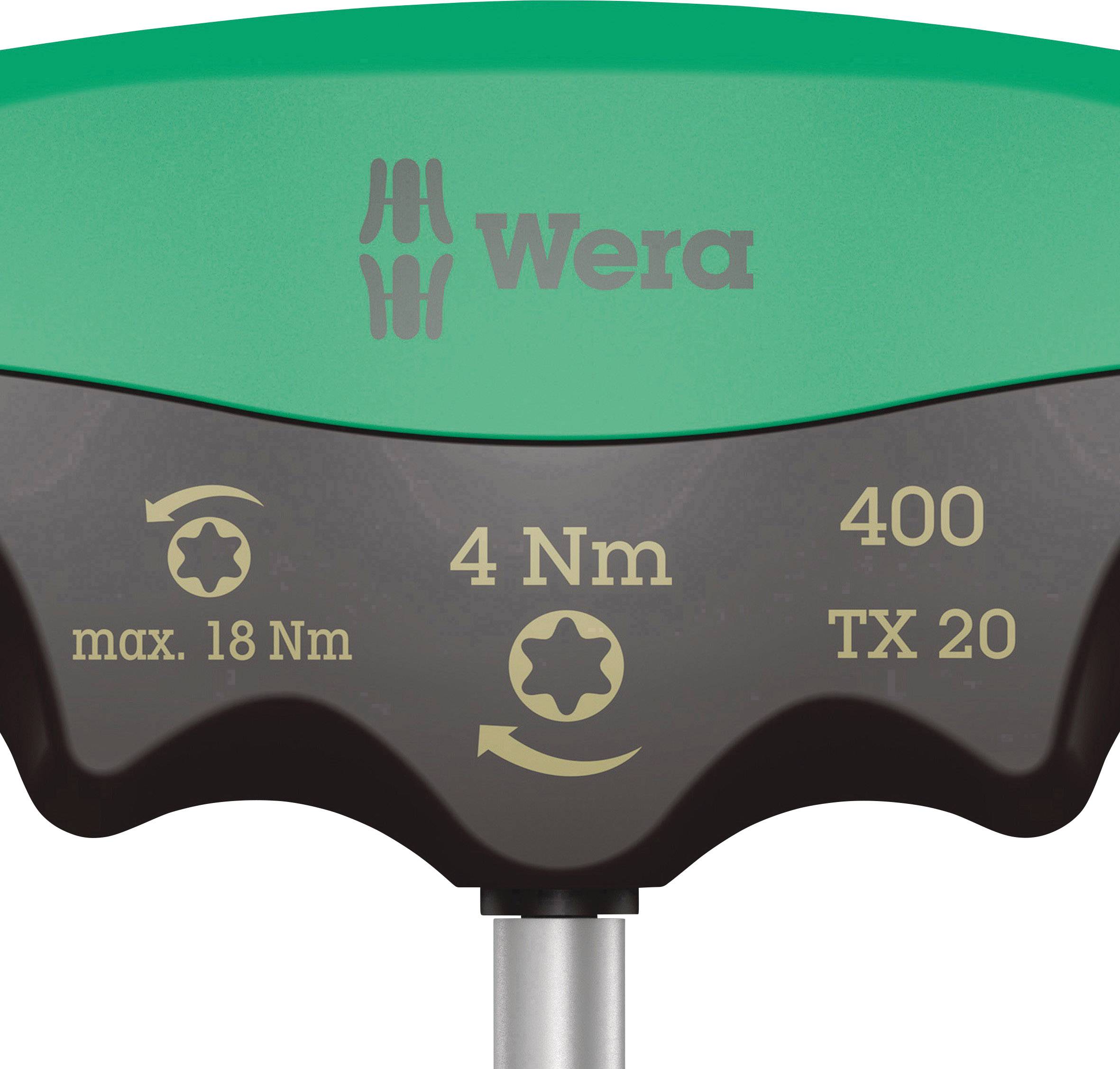 Cacciavite dinamometrico Wera, con coppia massima di 18 Nm, impostato su 4 Nm, con testa TX 20, numero modello 400.