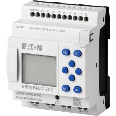 Un'unità di controllo centrale con display e tasti blu, modello 'Eaton easy-E4-DC-12TC1', per il controllo degli ingressi digitali.