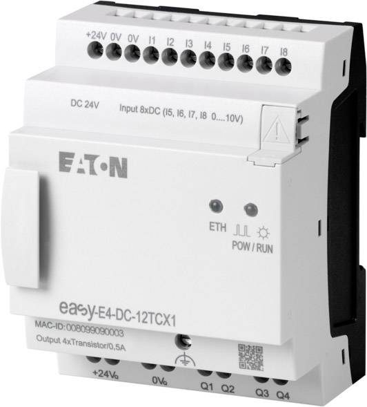Un modulo di controllo bianco con la scritta 'Eaton', dotato di diversi ingressi e uscite, spie LED e porta Ethernet.