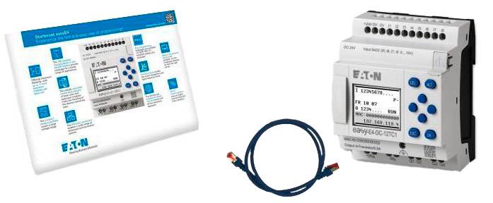 'L'immagine mostra un dispositivo di controllo elettrico di Eaton, il relativo manuale e un cavo di connessione.'